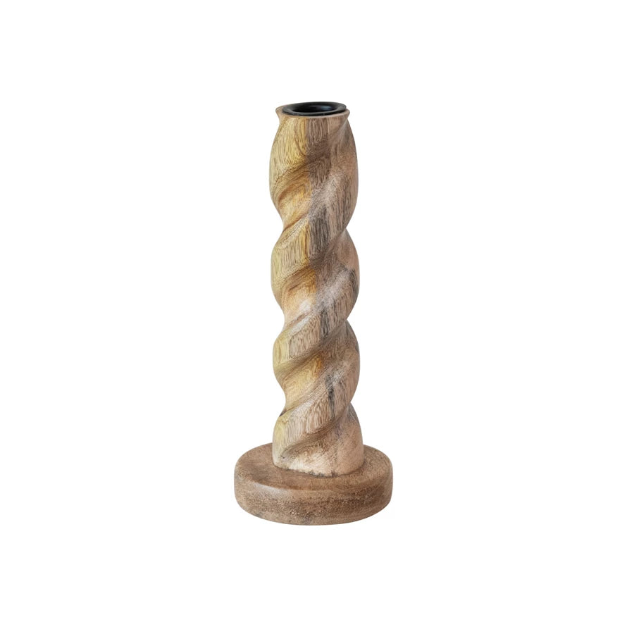 9" Carved Mango Wood Twisted Taper Holder